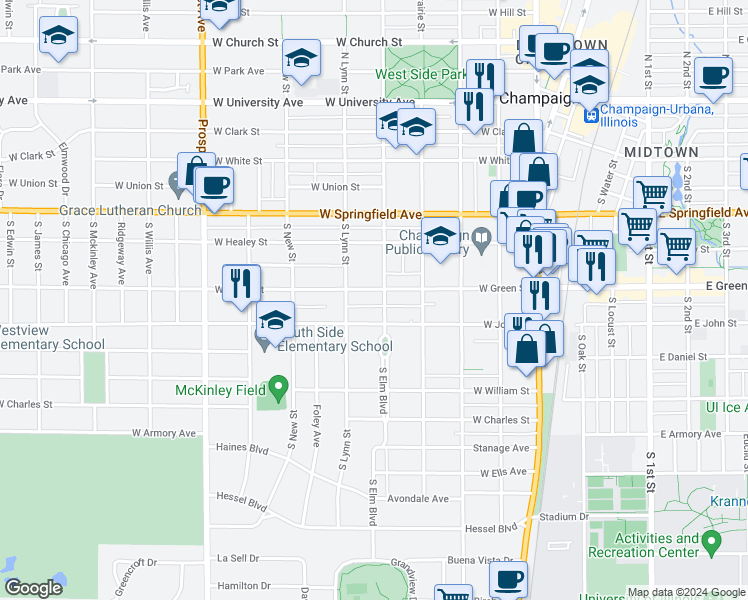 map of restaurants, bars, coffee shops, grocery stores, and more near 507 West Green Street in Champaign