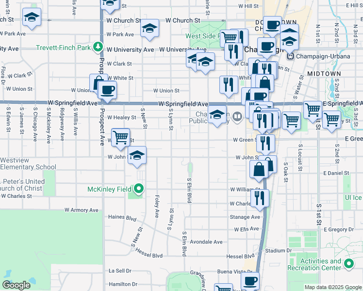 map of restaurants, bars, coffee shops, grocery stores, and more near 507 West Green Street in Champaign
