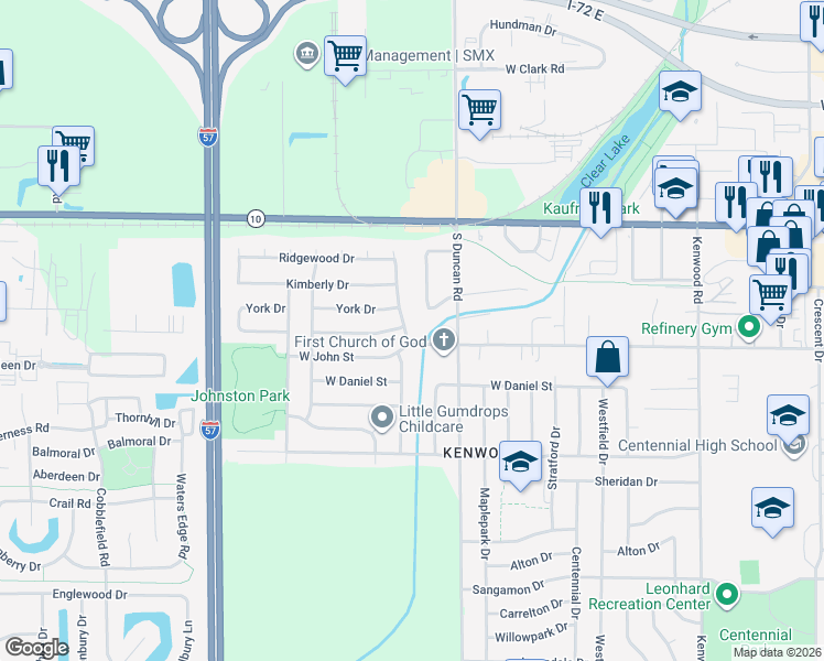 map of restaurants, bars, coffee shops, grocery stores, and more near 614 Dogwood Drive in Champaign