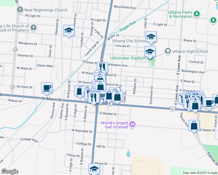 map of restaurants, bars, coffee shops, grocery stores, and more near 133 East Church Street in Urbana