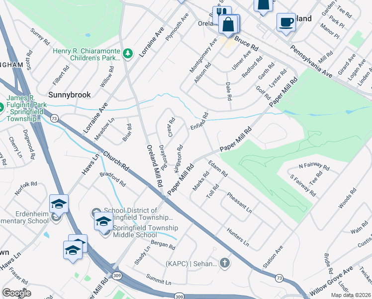 map of restaurants, bars, coffee shops, grocery stores, and more near 514 Kingston Road in Oreland