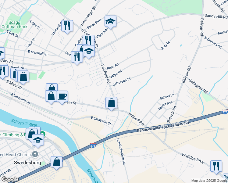 map of restaurants, bars, coffee shops, grocery stores, and more near 404 Fairfield Road in Plymouth Meeting