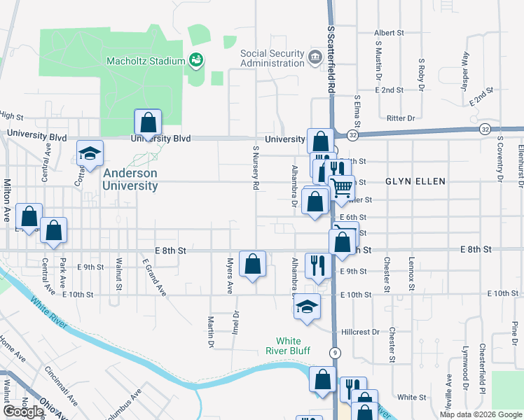 map of restaurants, bars, coffee shops, grocery stores, and more near 522 Nursery Road in Anderson