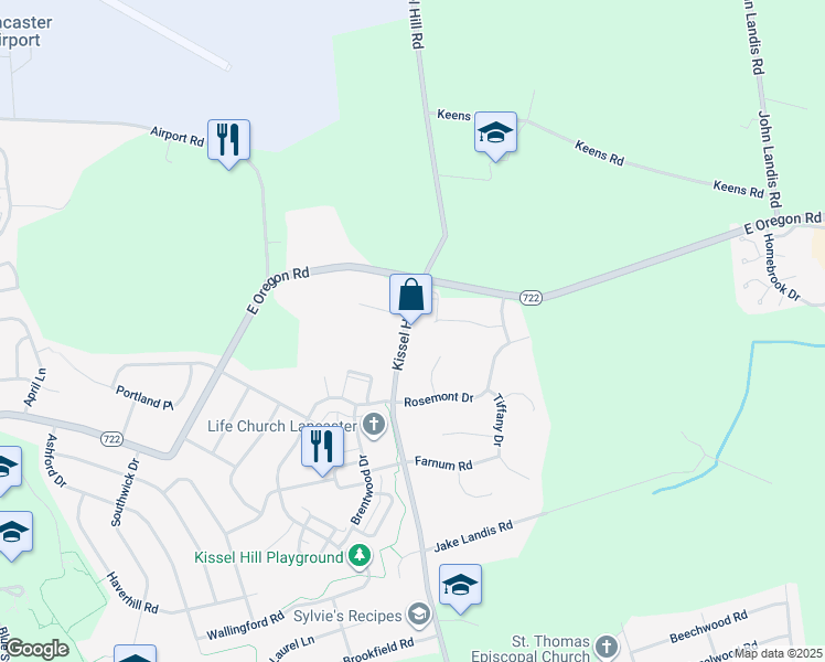 map of restaurants, bars, coffee shops, grocery stores, and more near 3043 Kissel Hill Road in Lititz
