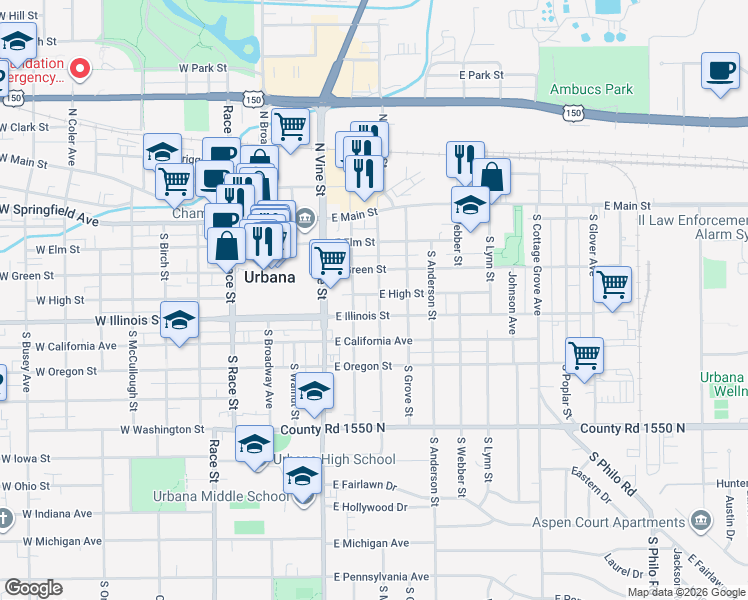 map of restaurants, bars, coffee shops, grocery stores, and more near 406 East High Street in Urbana