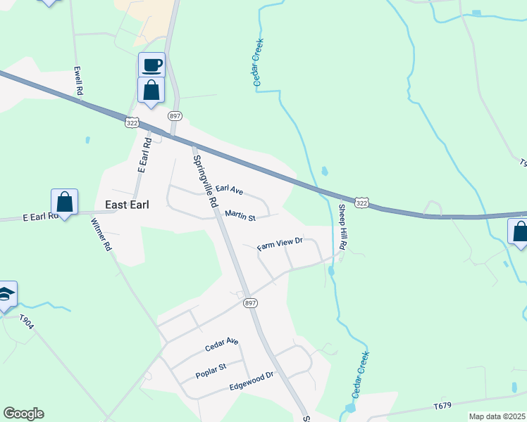 map of restaurants, bars, coffee shops, grocery stores, and more near 1448 Earl Avenue in East Earl