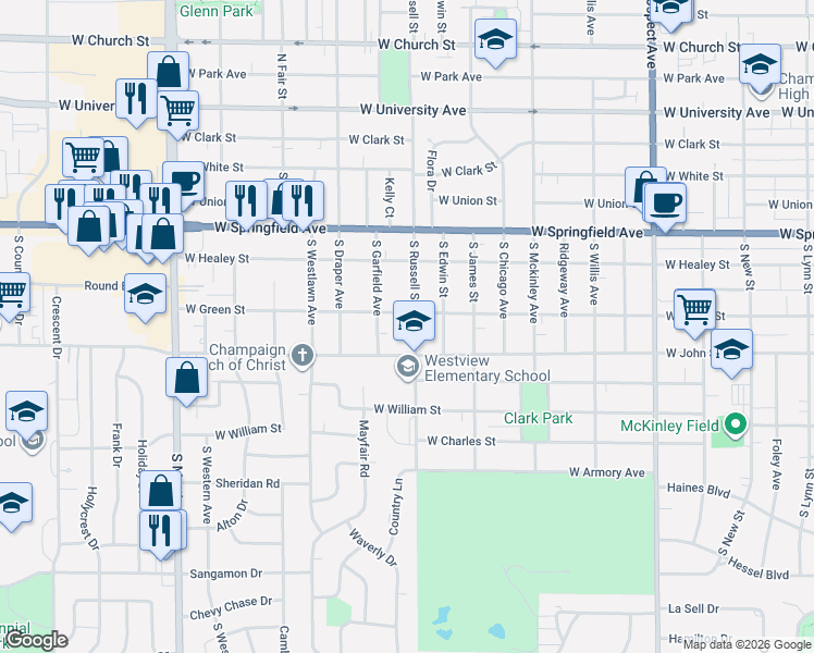 map of restaurants, bars, coffee shops, grocery stores, and more near 601 South Russell Street in Champaign