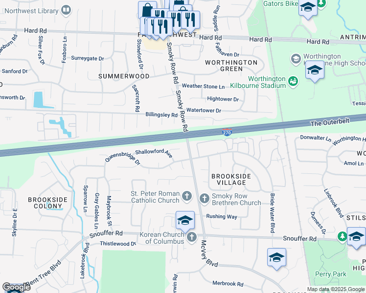 map of restaurants, bars, coffee shops, grocery stores, and more near 1858 Fallgate Court in Columbus
