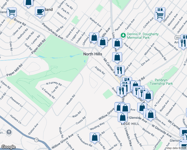 map of restaurants, bars, coffee shops, grocery stores, and more near 744 Brooke Rd in Glenside
