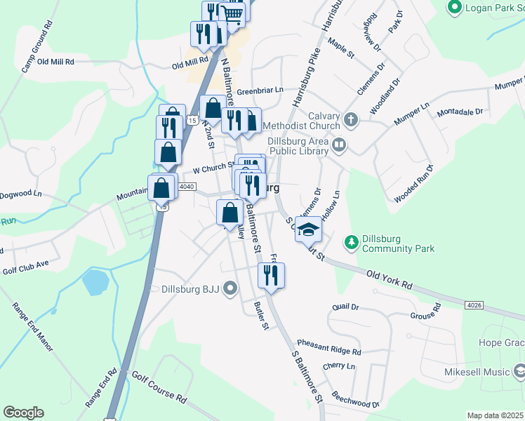 map of restaurants, bars, coffee shops, grocery stores, and more near 9 East York Street in Dillsburg