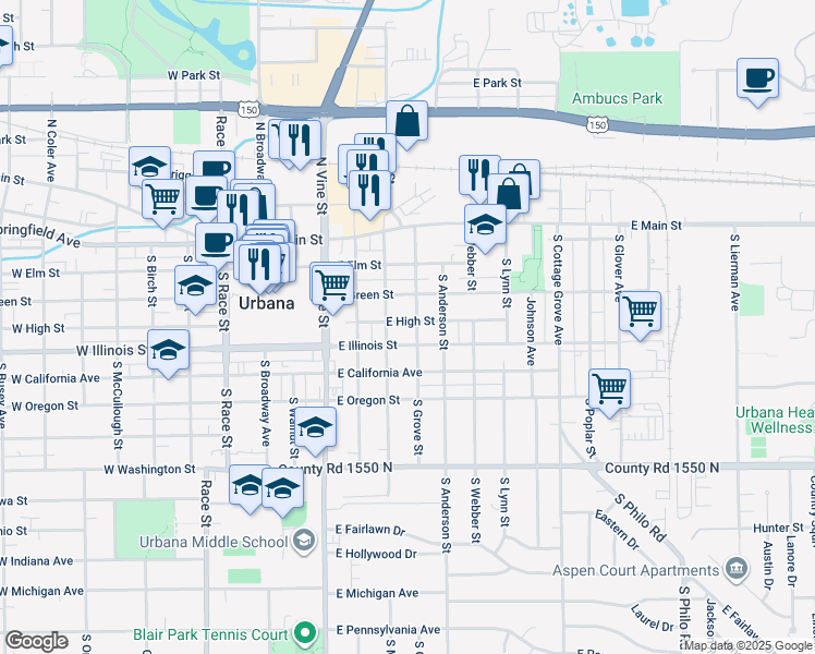 map of restaurants, bars, coffee shops, grocery stores, and more near 401 S Grove St in Urbana