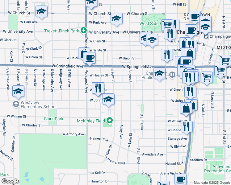 map of restaurants, bars, coffee shops, grocery stores, and more near 621 West Green Street in Champaign