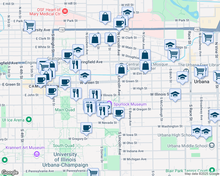 map of restaurants, bars, coffee shops, grocery stores, and more near 918 West Illinois Street in Urbana