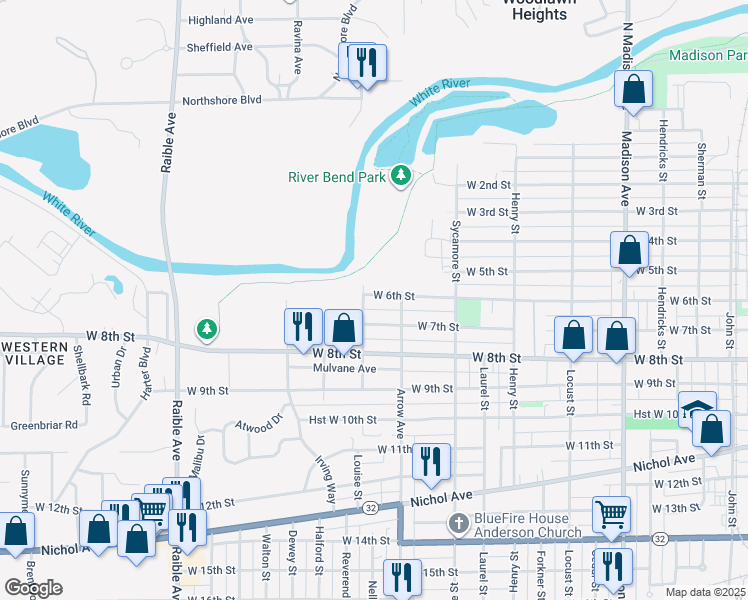 map of restaurants, bars, coffee shops, grocery stores, and more near 1809 West 6th Street in Anderson