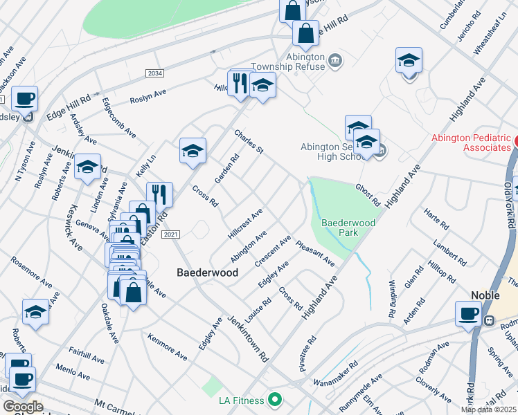 map of restaurants, bars, coffee shops, grocery stores, and more near 2166 Pleasant Avenue in Glenside