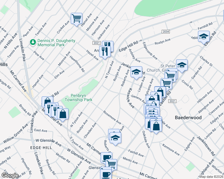 map of restaurants, bars, coffee shops, grocery stores, and more near 2451 Geneva Avenue in Glenside