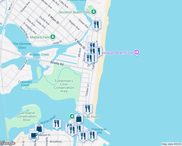 map of restaurants, bars, coffee shops, grocery stores, and more near 595 Brielle Road in Manasquan