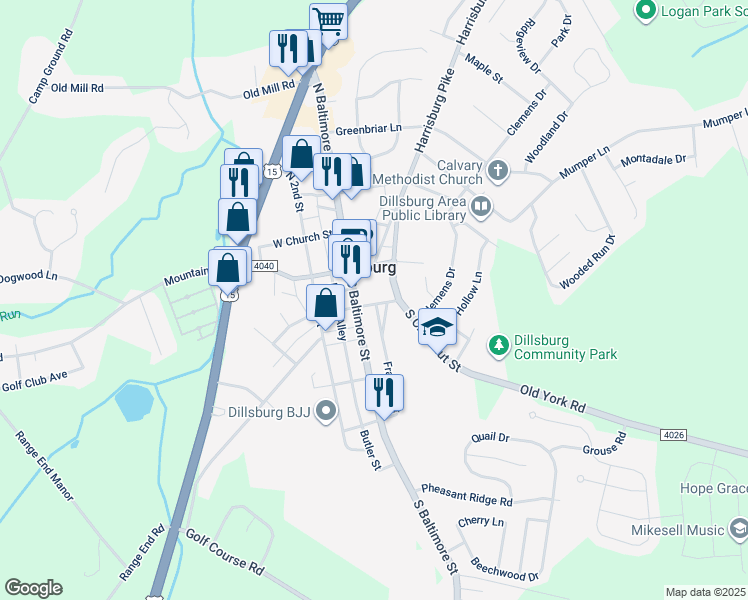 map of restaurants, bars, coffee shops, grocery stores, and more near 11 East York Street in Dillsburg