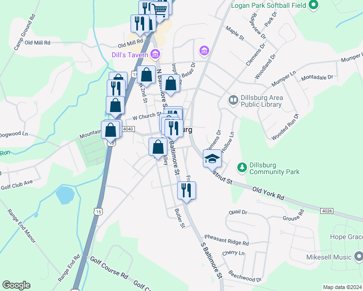 map of restaurants, bars, coffee shops, grocery stores, and more near 11 East York Street in Dillsburg