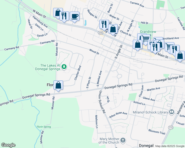 map of restaurants, bars, coffee shops, grocery stores, and more near 444 South Plum Street in Mount Joy