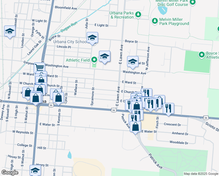 map of restaurants, bars, coffee shops, grocery stores, and more near 564 East Church Street in Urbana
