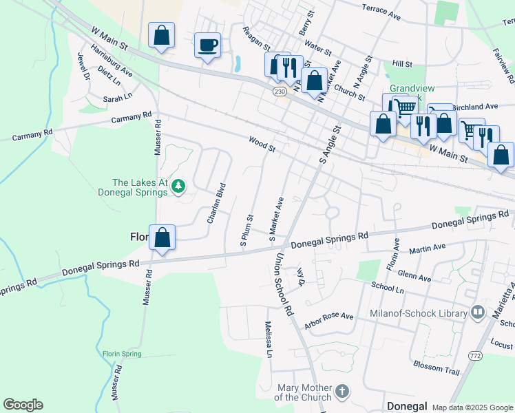 map of restaurants, bars, coffee shops, grocery stores, and more near 444 South Plum Street in Mount Joy