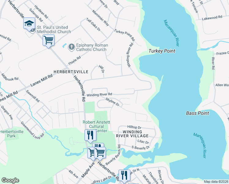 map of restaurants, bars, coffee shops, grocery stores, and more near 543 Winding River Road in Brick Township