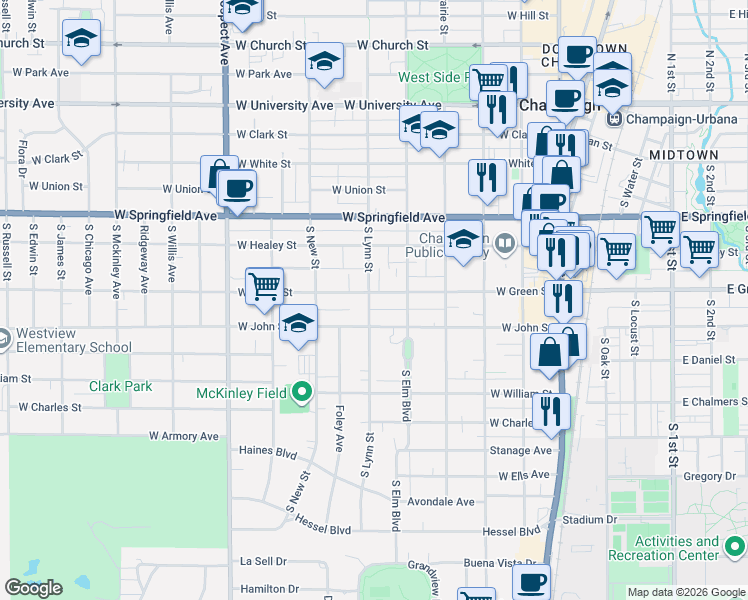 map of restaurants, bars, coffee shops, grocery stores, and more near 509 West Green Street in Champaign