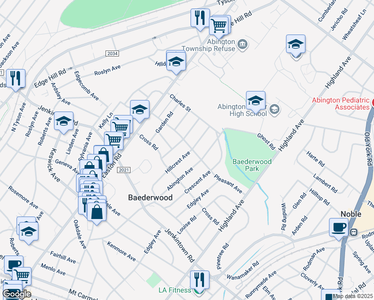 map of restaurants, bars, coffee shops, grocery stores, and more near 2166 Pleasant Avenue in Glenside