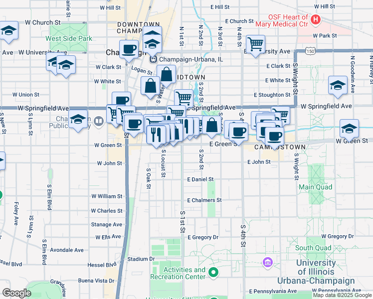 map of restaurants, bars, coffee shops, grocery stores, and more near 59 East Green Street in Champaign
