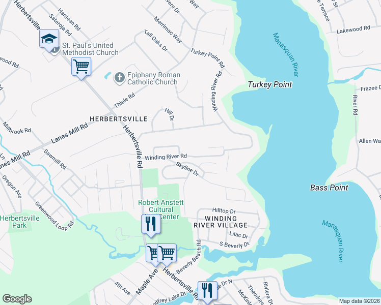 map of restaurants, bars, coffee shops, grocery stores, and more near 543 Winding River Road in Brick Township