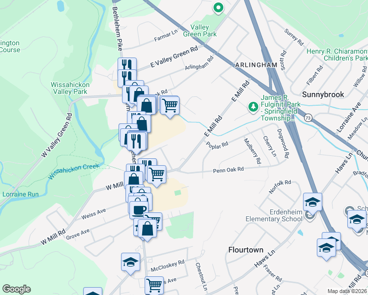 map of restaurants, bars, coffee shops, grocery stores, and more near 109 East Mill Road in Flourtown