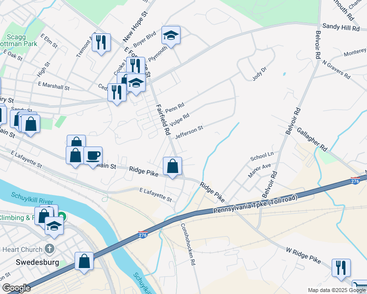 map of restaurants, bars, coffee shops, grocery stores, and more near 404 Fairfield Road in Plymouth Meeting