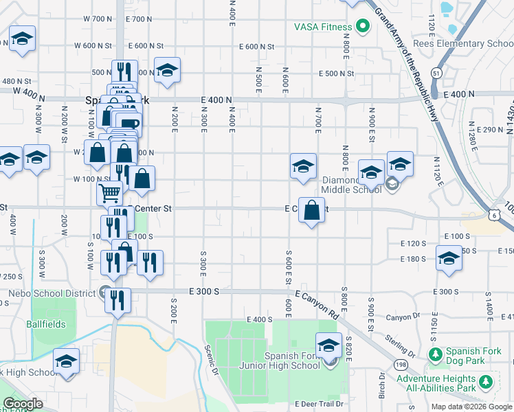 map of restaurants, bars, coffee shops, grocery stores, and more near in Spanish Fork