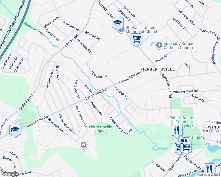 map of restaurants, bars, coffee shops, grocery stores, and more near 2 Sawmill Road in Brick Township