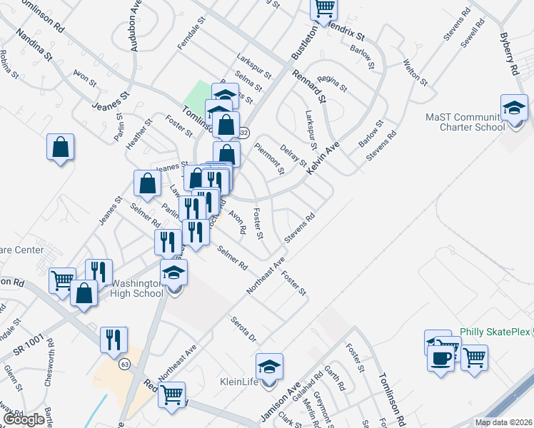 map of restaurants, bars, coffee shops, grocery stores, and more near 1010 Tomlinson Road in Philadelphia