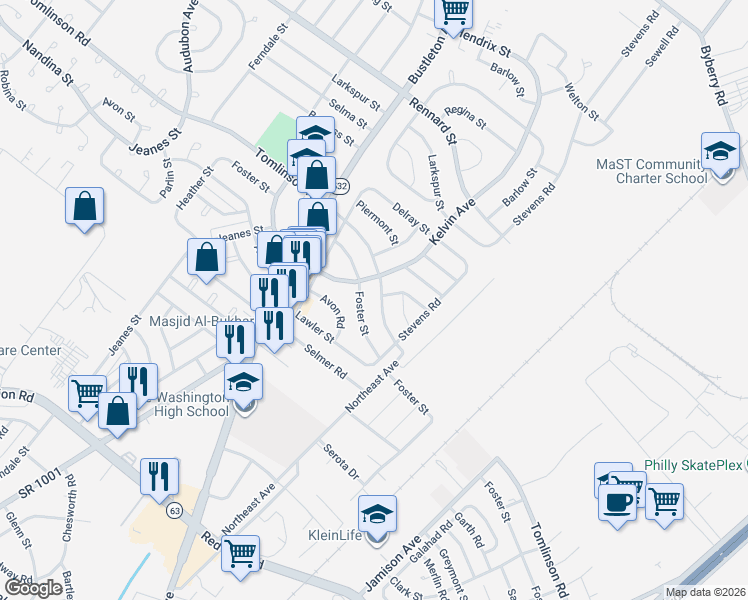 map of restaurants, bars, coffee shops, grocery stores, and more near 1010 Tomlinson Road in Philadelphia
