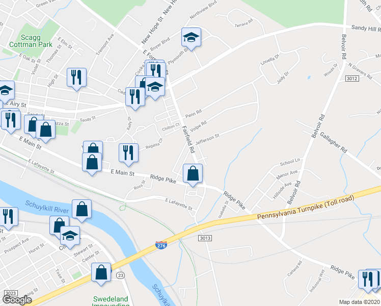 map of restaurants, bars, coffee shops, grocery stores, and more near 404 Fairfield Road in Plymouth Meeting