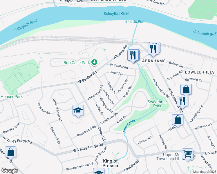map of restaurants, bars, coffee shops, grocery stores, and more near 761 George Drive in King of Prussia