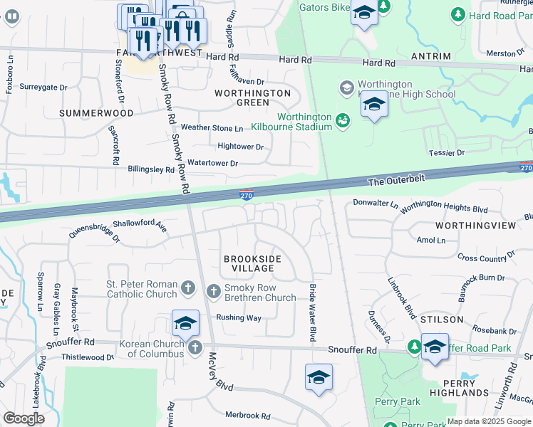 map of restaurants, bars, coffee shops, grocery stores, and more near 1689 Park Row Drive in Columbus