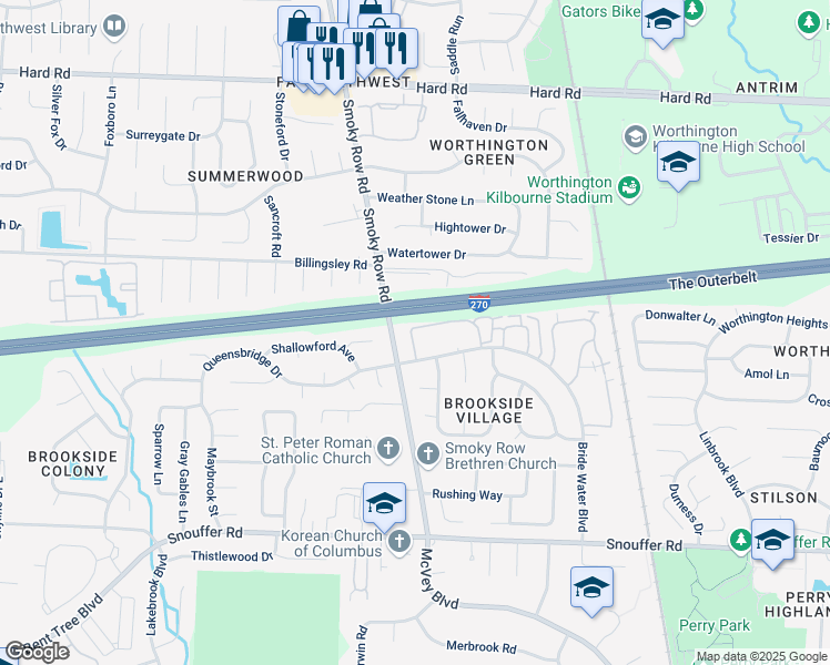 map of restaurants, bars, coffee shops, grocery stores, and more near 1797 Worthington Run Drive in Columbus