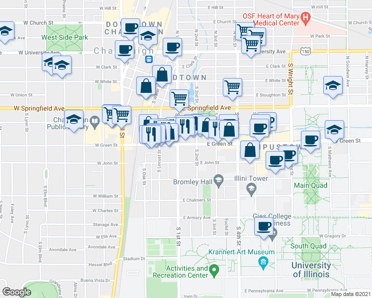 map of restaurants, bars, coffee shops, grocery stores, and more near 111 East Green Street in Champaign
