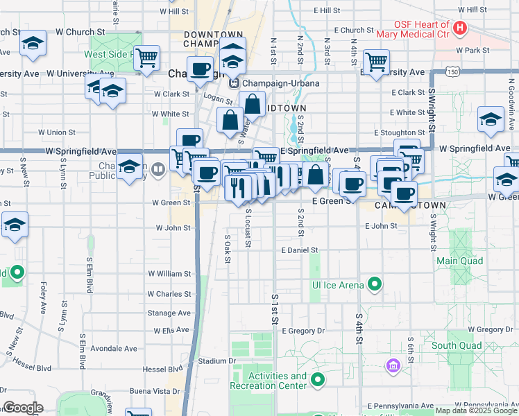 map of restaurants, bars, coffee shops, grocery stores, and more near in Champaign