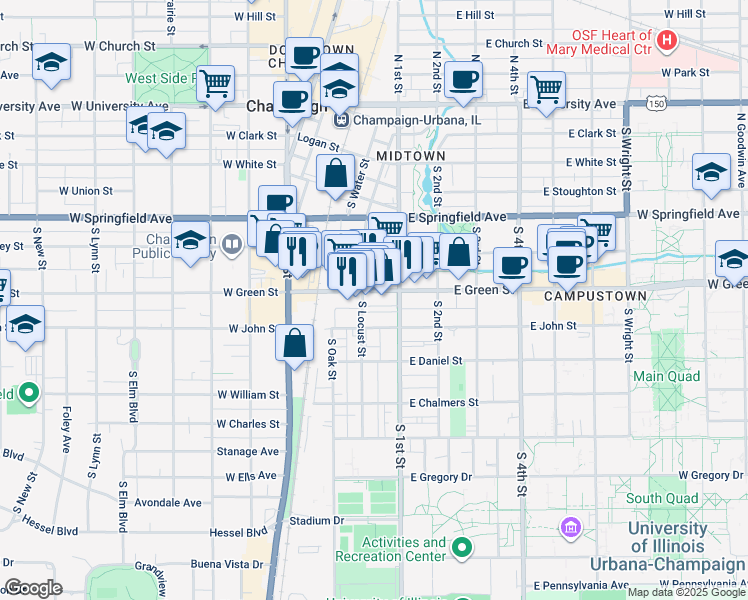 map of restaurants, bars, coffee shops, grocery stores, and more near 703 South Locust Street in Champaign