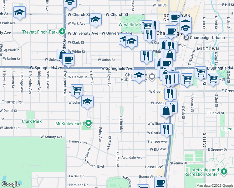 map of restaurants, bars, coffee shops, grocery stores, and more near 507 West Green Street in Champaign