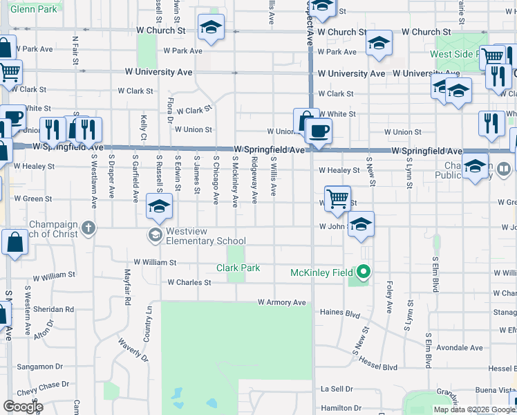 map of restaurants, bars, coffee shops, grocery stores, and more near 1009 West Green Street in Champaign