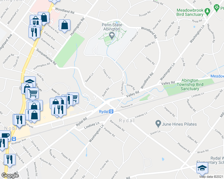 map of restaurants, bars, coffee shops, grocery stores, and more near 1147 Rydal Road in Rydal