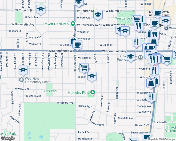 map of restaurants, bars, coffee shops, grocery stores, and more near 711 West Green Street in Champaign