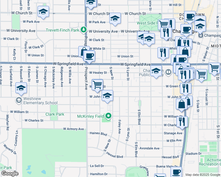 map of restaurants, bars, coffee shops, grocery stores, and more near 701 West Green Street in Champaign