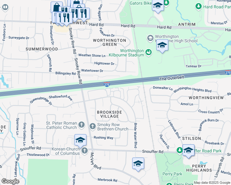 map of restaurants, bars, coffee shops, grocery stores, and more near 1689 Park Row Drive in Columbus